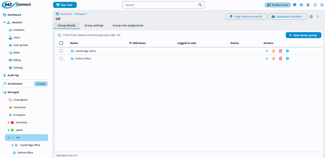 Device management page in 247connect showing two groups, Cambridge office and Oxford office, with options to add, edit, delete, or configure. Buttons available to copy device group ID, download installers, or create a new device group. Navigation menu lists other device groups.